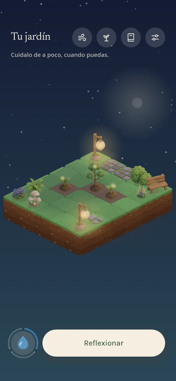 El jardín de noche, con dos faroles encendidos entre las plantas