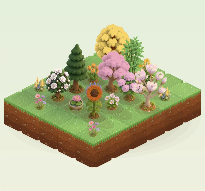 Un jardín isométrico con cerezos, pinos y girasoles en flor sobre bloques de pasto
