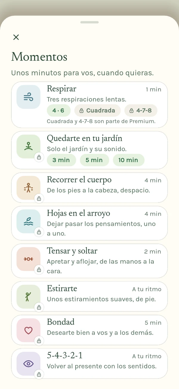 La lista de momentos en la app